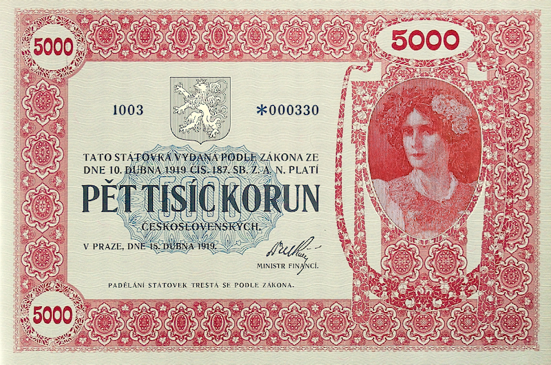 Czechoslovakia banknote, Republika Československá, 5000 Korun, 1919, Pick P-14, UNC