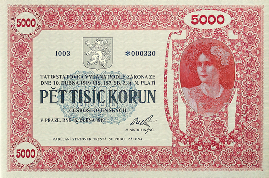 Czechoslovakia banknote, Republika Československá, 5000 Korun, 1919, Pick P-14, UNC
