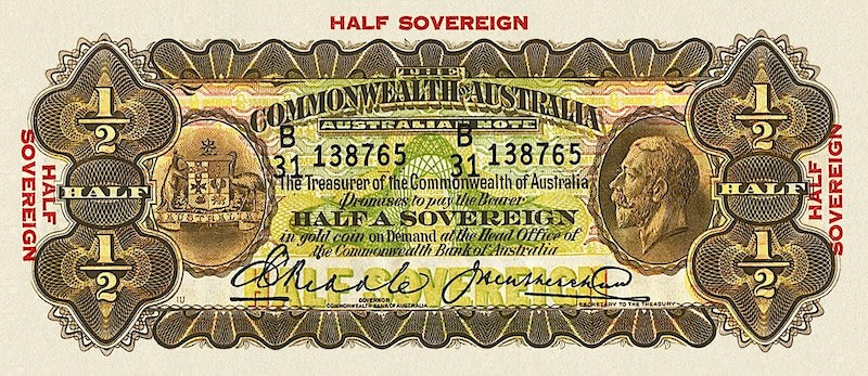 Australia banknotes, King George V, Commonwealth Bank, 1/2 sovereign, 1925, Pick P-15, UNC