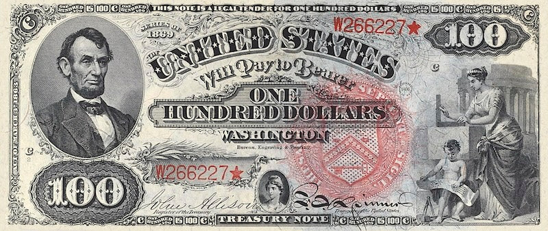 United States Treasury Notes banknote, $100 Dollars, 1869, Pick P-150, UNC