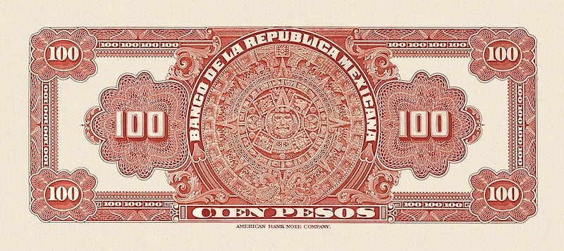 Mexico banknote, Banco de la Republica Mexicana, 100 Pesos, 1918, Pick P-15, UNC