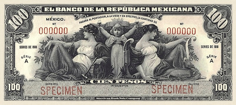 Mexico banknote, Banco de la Republica Mexicana, 100 Pesos, 1918, Pick P-15, UNC