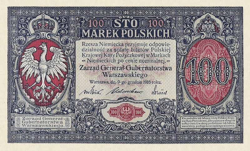 Poland banknote, Polska Krajowa Kasa Pożyczkowa, 100 Marek Polskich, 1916, Pick P-15, UNC