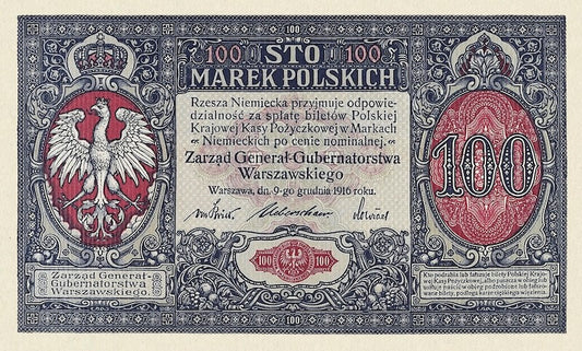Poland banknote, Polska Krajowa Kasa Pożyczkowa, 100 Marek Polskich, 1916, Pick P-15, UNC