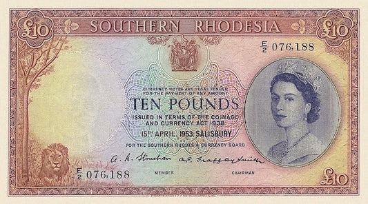 Southern Rhodesia banknotes, Queen Elizabeth II, £10 Pounds, 1952, Pick P-15, UNC