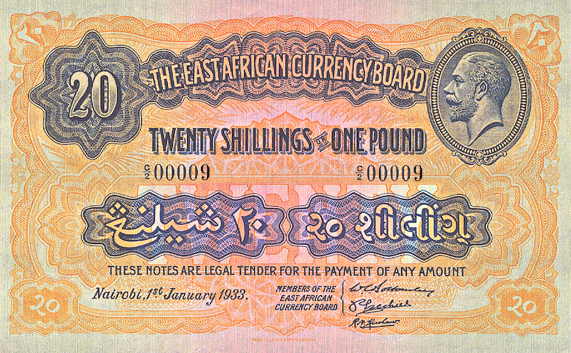 British East Africa banknotes, King George V, 20 Shillings, 1921, Pick P-15, UNC