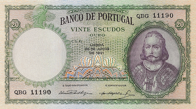 Banco de Portugal banknote, 20 Escudos, 1941 - 1959, Pick P-153, UNC