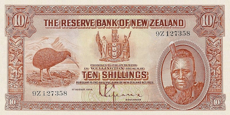 New Zealand banknote, Maori Pound Issue, 10 Shillings, 1934, Pick P-154, UNC