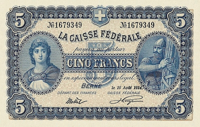 Switzerland banknotes, Federal Treasury, 5 Francs, 1914, Pick P-15, UNC