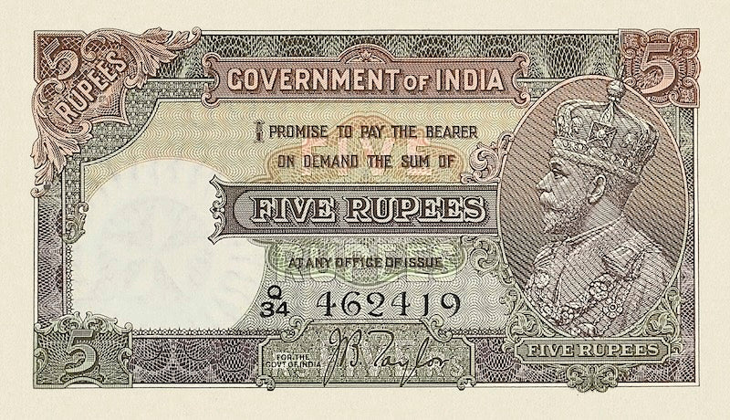 British India banknote, King George V, 5 Rupees, 1928, Pick P-15, UNC