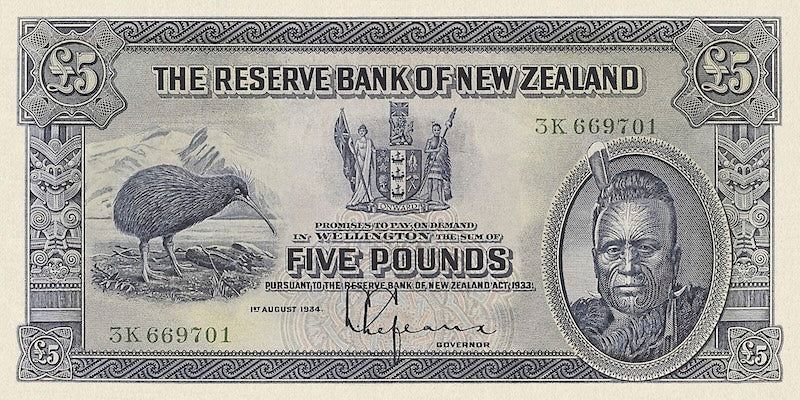 New Zealand banknote, Maori Pound Issue, £5 Pounds, 1934, Pick P-156, UNC