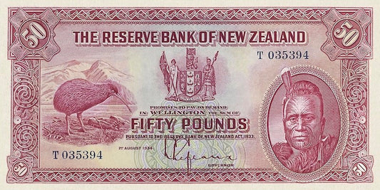 New Zealand banknote, Maori Pound Issue, £50 Pounds, 1934, Pick P-157, UNC