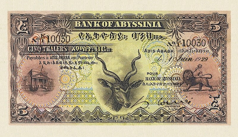 Ethiopia banknotes, Bank of Abyssinia, 5 Thalers, 1915, Pick P-1, UNC