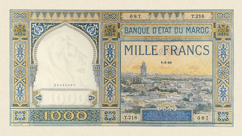 Morocco banknote, Banque d'Etat Du Maroc, 1000 Francs, 1919, Pick P-16, UNC