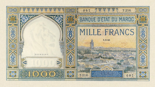 Morocco banknote, Banque d'Etat Du Maroc, 1000 Francs, 1919, Pick P-16, UNC