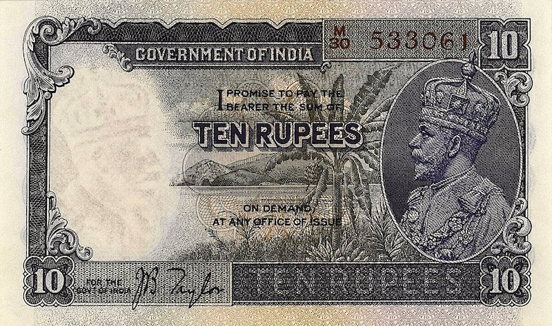 British India banknote, King George V, 10 Rupees, 1928, Pick P-16, UNC
