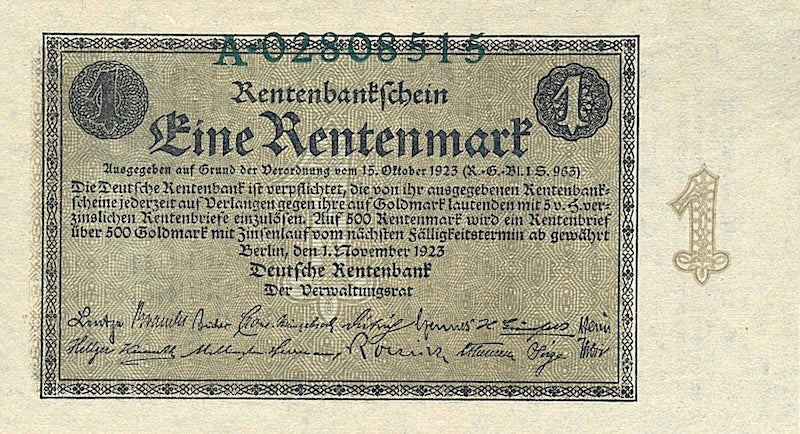 Germany banknote, Deutsche Rentenbank, 1 Rentenmark, 1923, Pick P-161, UNC