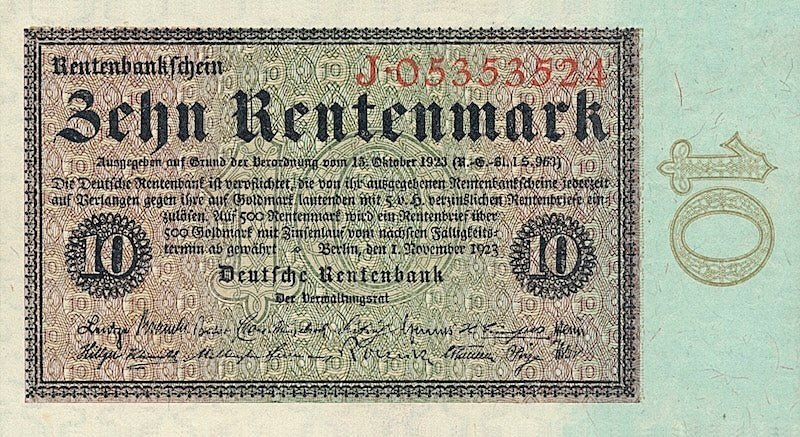 Germany banknote, Deutsche Rentenbank, 10 Rentenmark, 1923, Pick P-164, UNC