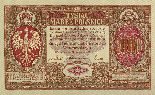 Poland banknote, Polska Krajowa Kasa Pożyczkowa, 1000 Marek Polskich, 1916, Pick P-16, UNC