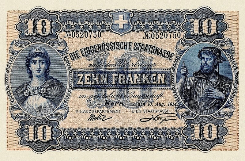 Switzerland banknotes, Federal Treasury, 10 Franken, 1914, Pick P-17, UNC