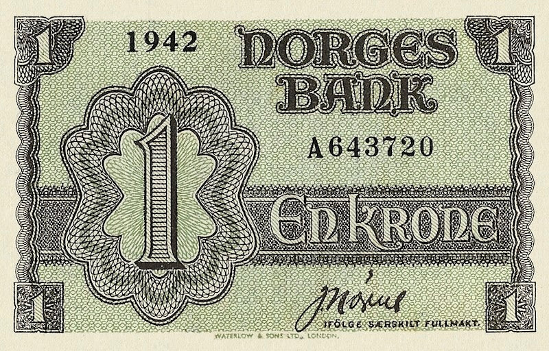 Norway (Government in Exile) banknotes, Krigsseddel, 1 Kroner, 1942, Pick P-17, UNC