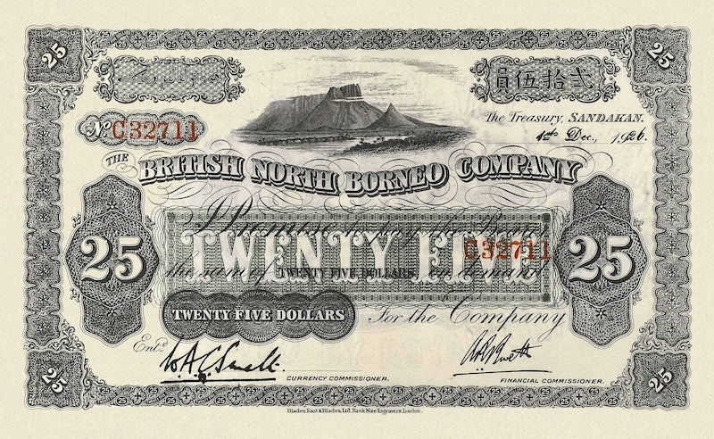 British North Borneo banknote, 25 Dollars, 1926, Pick P-17, UNC