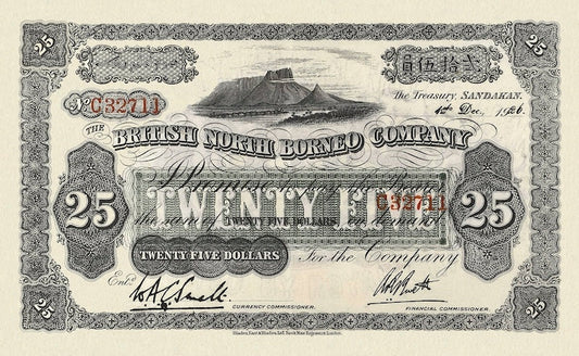 British North Borneo banknote, 25 Dollars, 1926, Pick P-17, UNC