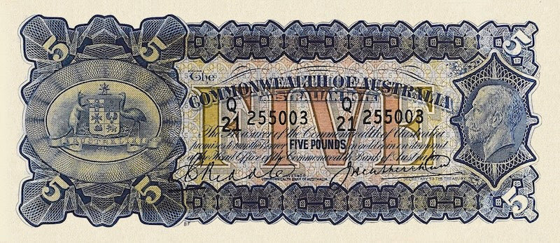 Australia banknotes, King George V, Commonwealth Bank, £5 Pounds, 1925, Pick P-17, UNC