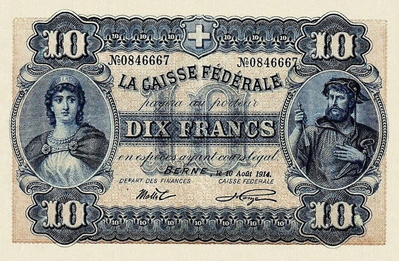 Switzerland banknotes, Federal Treasury, 10 Francs, 1914, Pick P-18, UNC