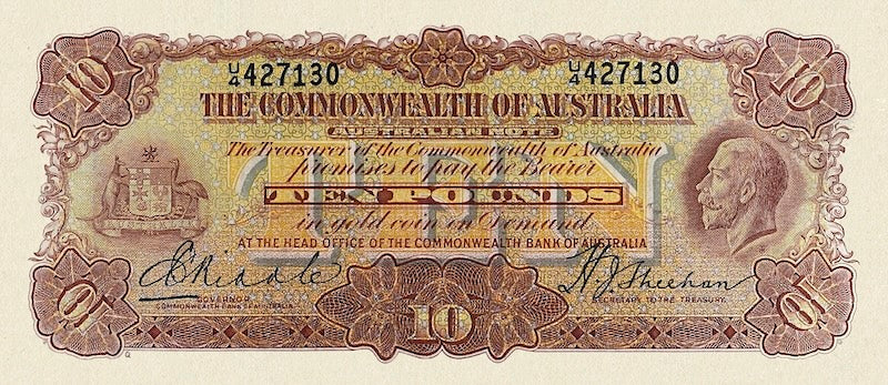 Australia banknotes, King George V, Commonwealth Bank, £10 Pounds, 1925, Pick P-18, UNC