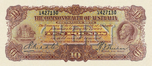 Australia banknotes, King George V, Commonwealth Bank, £10 Pounds, 1925, Pick P-18, UNC