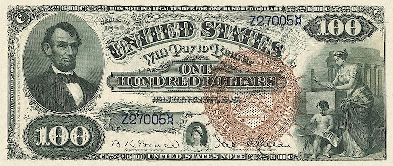 United States Treasury banknote, $100 Dollars, 1880, Pick P-182, UNC