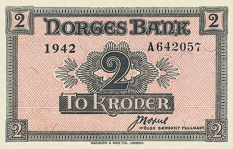 Norway (Government in Exile) banknotes, Krigsseddel, 2 Kroner, 1942, Pick P-18, UNC