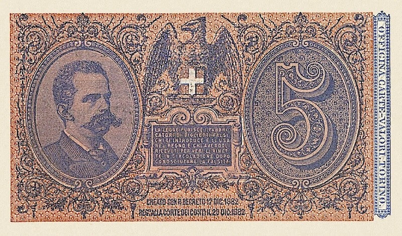 Italy banknote, Biglietto Di Stato, Umberto I Issue, 5 Lire, 1882, Pick P-18, UNC