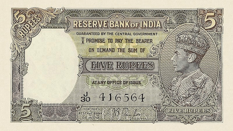 British India banknote, King George VI, 5 Rupees, 1937, Pick P-18, UNC