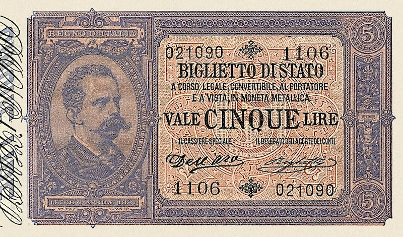 Italy banknote, Biglietto Di Stato, Umberto I Issue, 5 Lire, 1882, Pick P-18, UNC