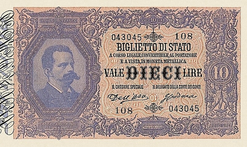 Italy banknote, Biglietto Di Stato, Umberto I Issue, 10 Lire, 1882, Pick P-19, UNC