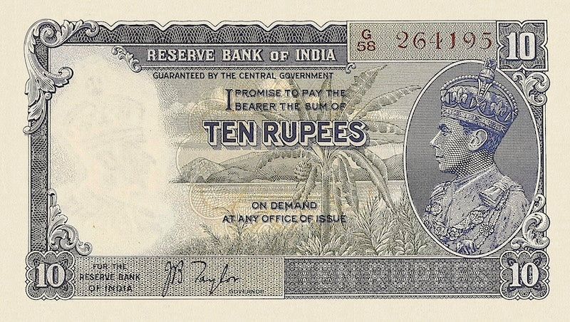 British India banknote, King George VI, 10 Rupees, 1937, Pick P-19, UNC