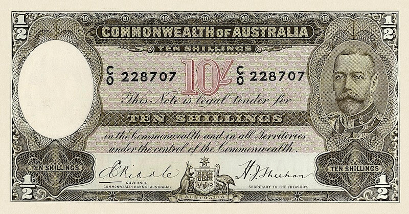 Australia banknotes, King George V, Commonwealth Bank, 10 shillings, 1933, Pick P-19, UNC