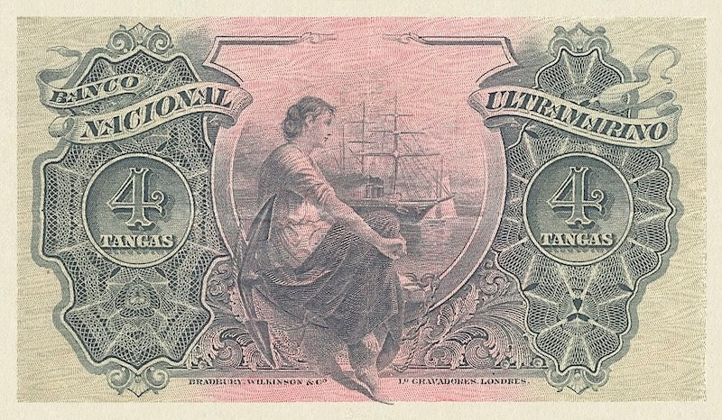 Portuguese India banknote, Banco Nacional Ultramarino, 4 Tangas, 1917, Pick P-19, UNC