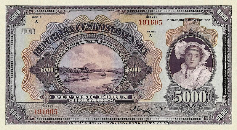 Czechoslovakia banknote, 5000 Korun, 1920, Pick P-19, UNC