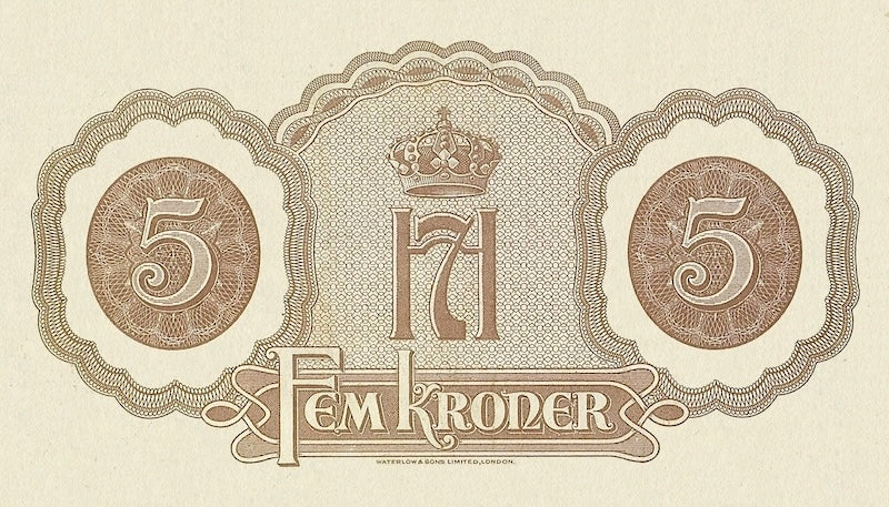 Norway (Government in Exile) banknotes, Krigsseddel, 5 Kroner, 1942, Pick P-19, UNC