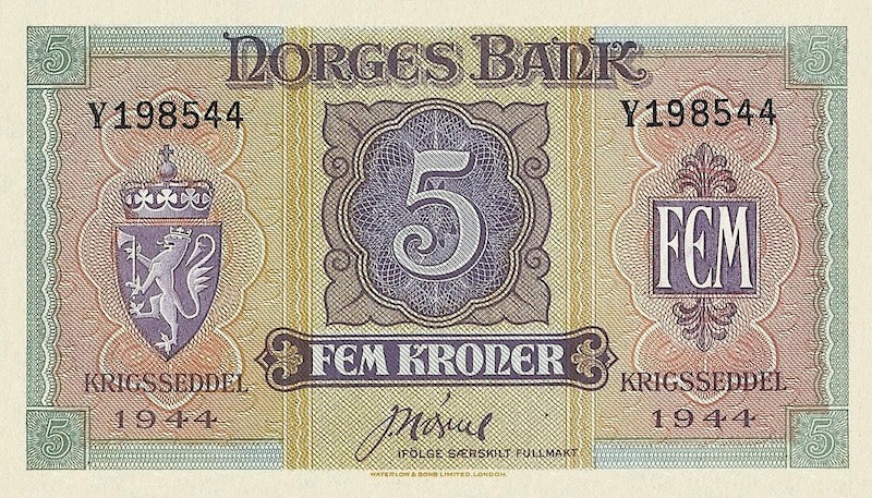 Norway (Government in Exile) banknotes, Krigsseddel, 5 Kroner, 1942, Pick P-19, UNC