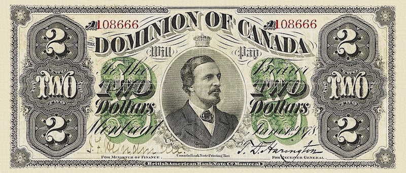 Dominion of Canada banknote, $2 Dollars, 1878, Pick P-19, UNC