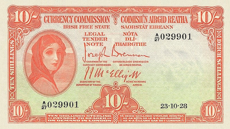 Ireland banknotes, Irish Free State (Saorstát Éireann), Lady Lavery Issue,  10 shillings, 1928, Pick  P-1A, UNC