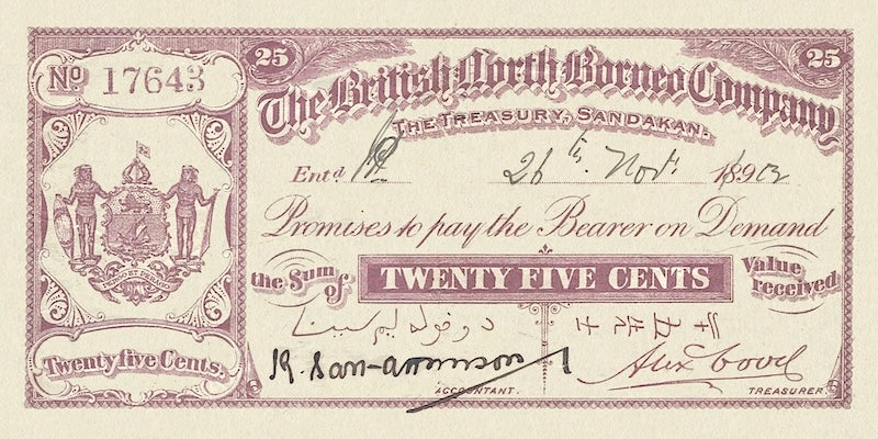British North Borneo banknotes, 25 cents, 1886, Pick P-1, UNC