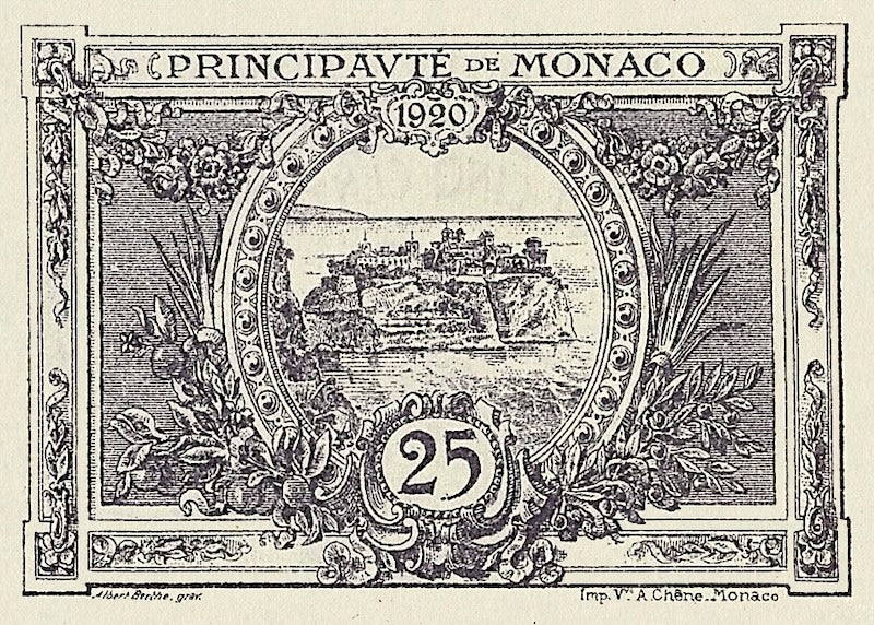 Monaco banknotes, Emergency Issue, 25 Centimes, 1920, Pick P-2, UNC