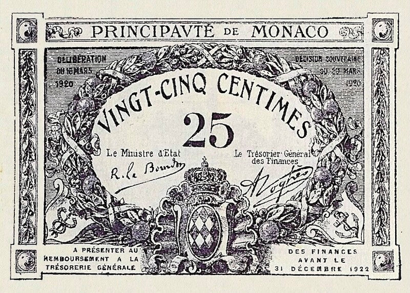 Monaco banknotes, Emergency Issue, 25 Centimes, 1920, Pick P-2, UNC