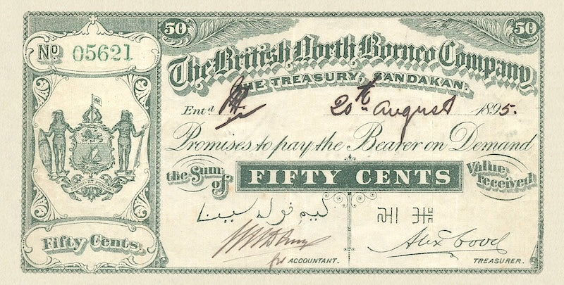 British North Borneo banknotes, 50 cents, 1886, Pick P-2, UNC