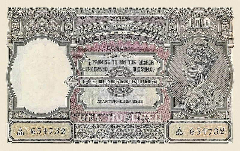 British India banknote, King George VI, 100 Rupees, 1937, Pick P-20, UNC